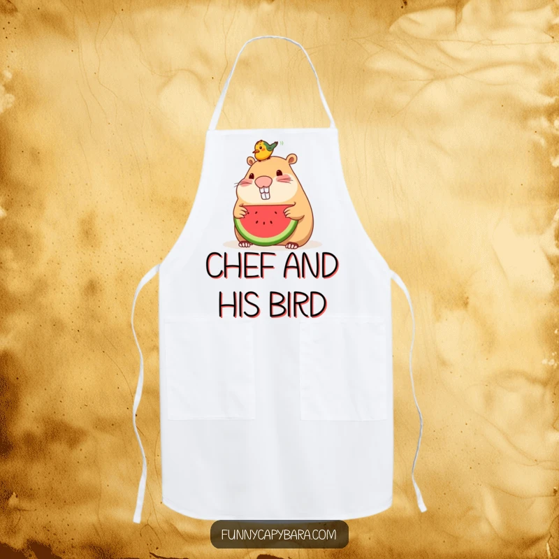 Funny apron showing a capybara sharing watermelon with a small bird on its head, perfect for cooks.