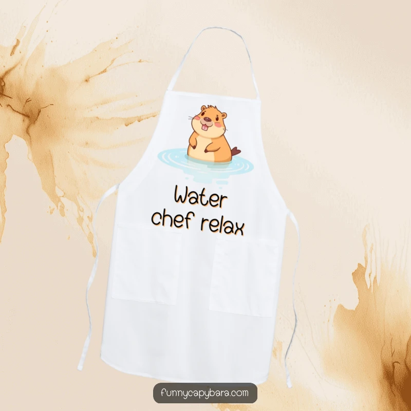 Funny apron showing a cheerful capybara floating in stylized water, perfect for a calm kitchen.