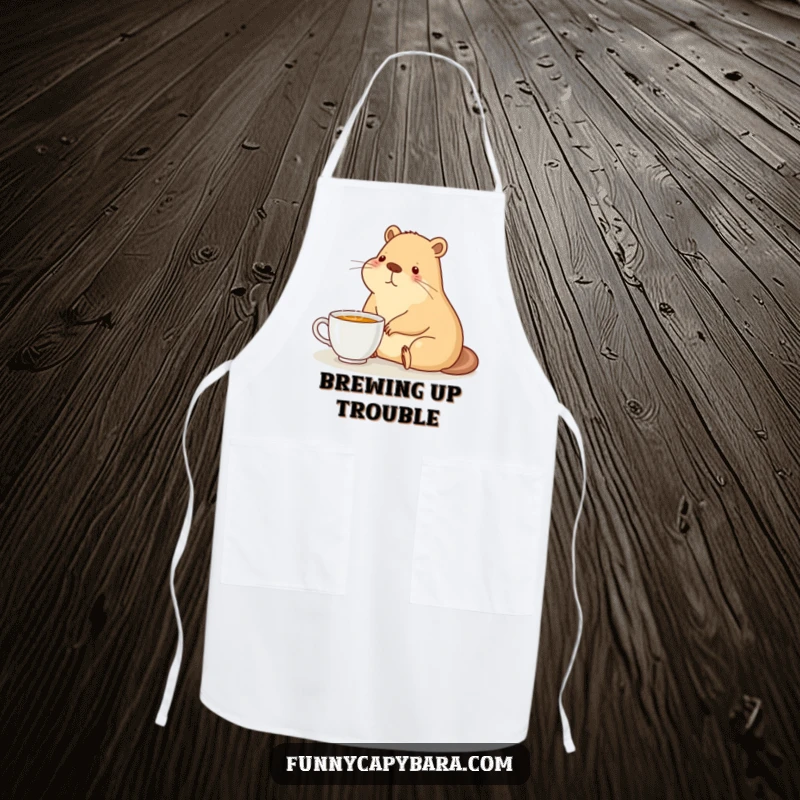 Funny apron showing a capybara sitting contentedly with a steaming cup of tea, perfect for cooks.
