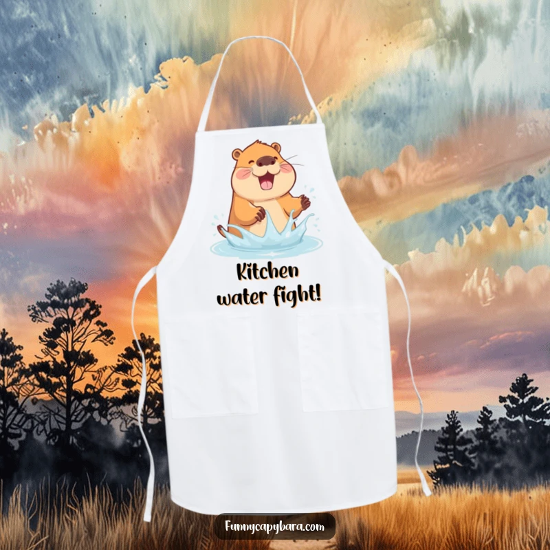 Funny apron showing a capybara joyfully splashing water with its paws, perfect for a fun cook.
