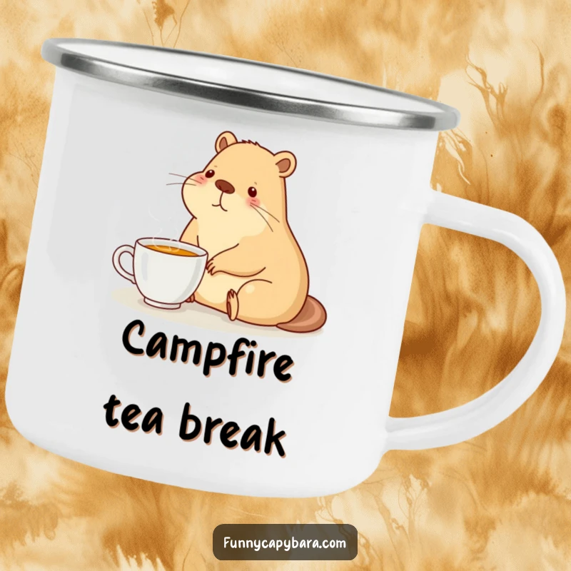 Funny camping mug with a capybara sitting contentedly with a steaming cup of tea, cozy and warm.