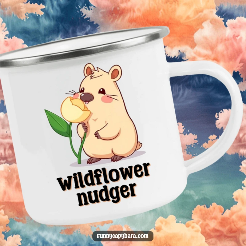 Funny Capybara Campfire Mug: Sturdy mug showing a capybara gently nudging a flower, perfect for outdoor fun.