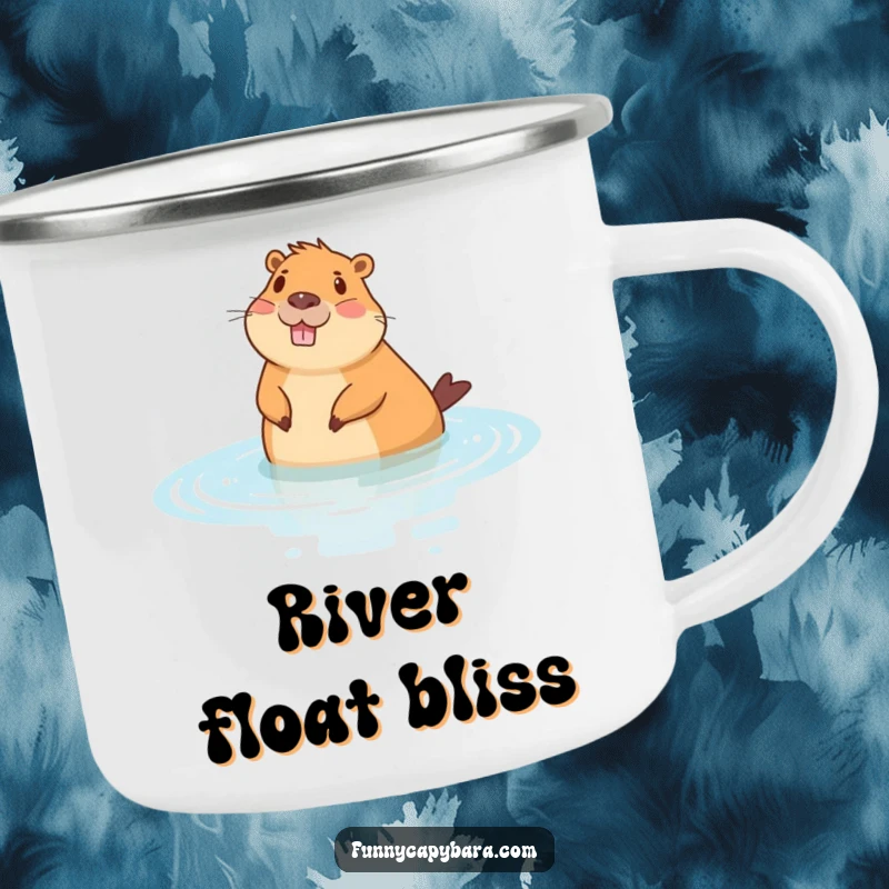 Funny camping mug with a cheerful capybara floating in stylized water, perfect for peaceful outdoor moments.