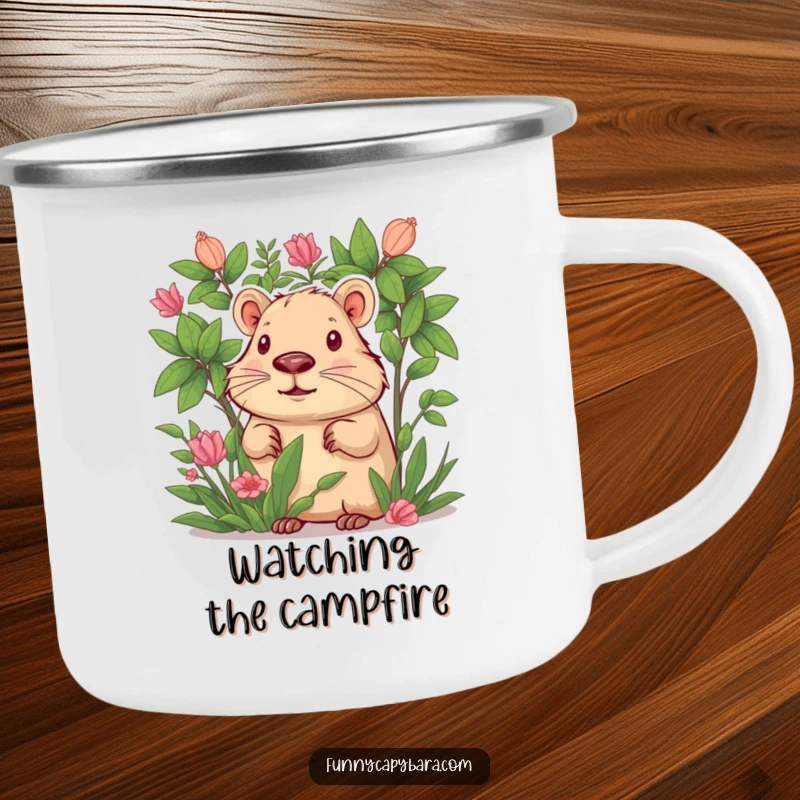 Funny camping mug with a curious capybara peeking out from behind lush green foliage.
