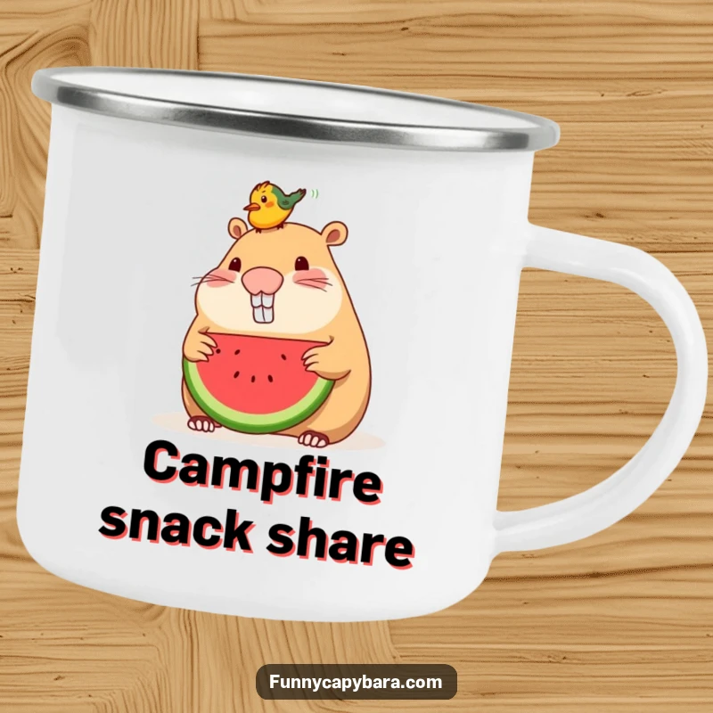 Funny camping mug with a capybara sharing watermelon with a small bird on its head.