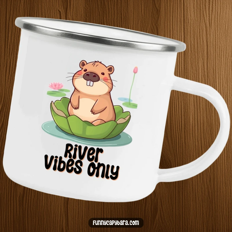 Funny camping mug featuring a capybara with a serene smile, floating on a lily pad.