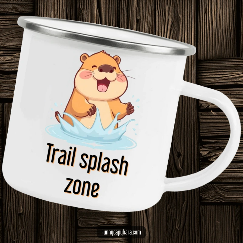 Funny camping mug with a capybara joyfully splashing water with its paws, perfect for adventurers.