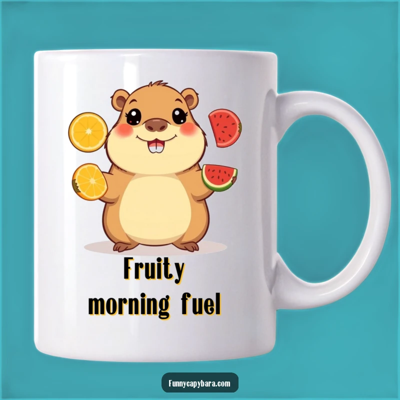 Funny Capybara Juggling Fruit Mug: Happy & Skillful Gift for Joyful People