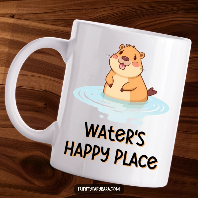 Funny mug featuring a cheerful capybara blissfully floating on its back in calm, stylized water, embodying ultimate relaxation.