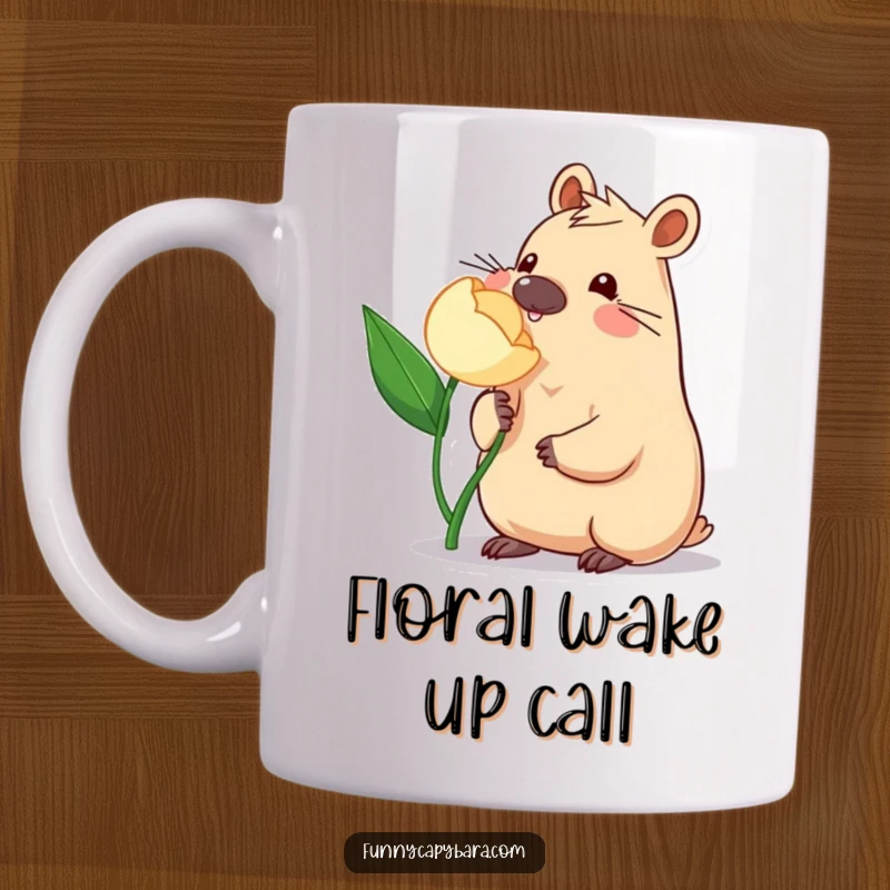 Funny Capybara Flower Nudge Mug: Cute capybara playfully nudging a stylized flower with its nose, conveying gentleness.