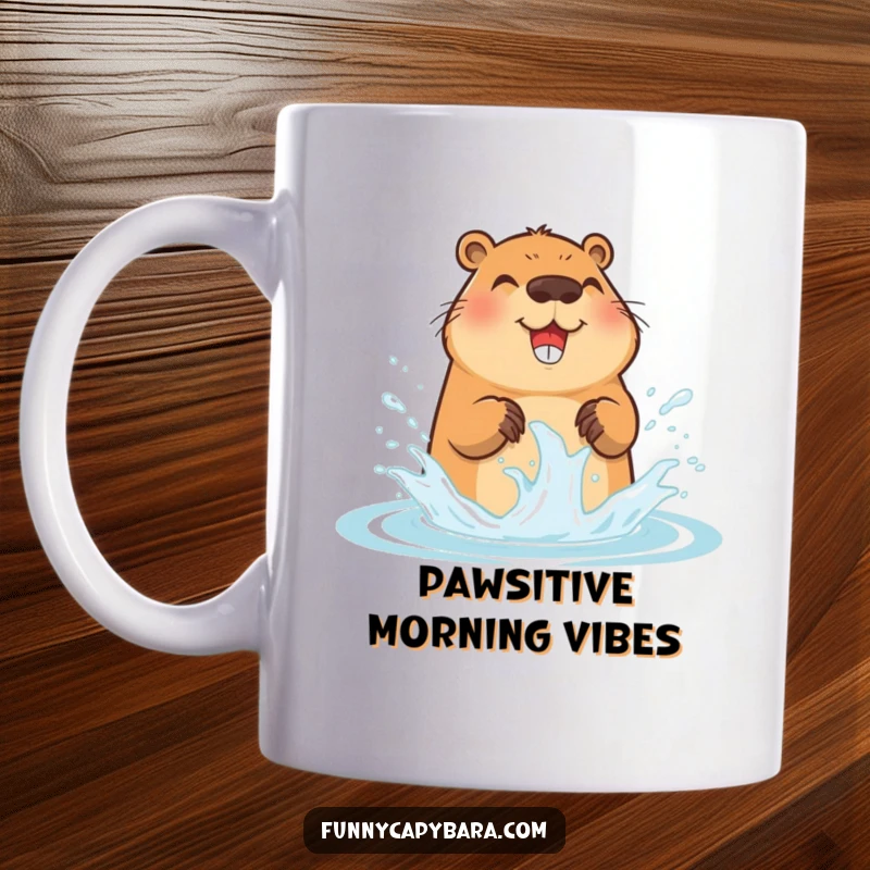 Funny Capybara Mug: Cute capybara joyfully splashing water with its paws, creating playful arcs, perfect gift.