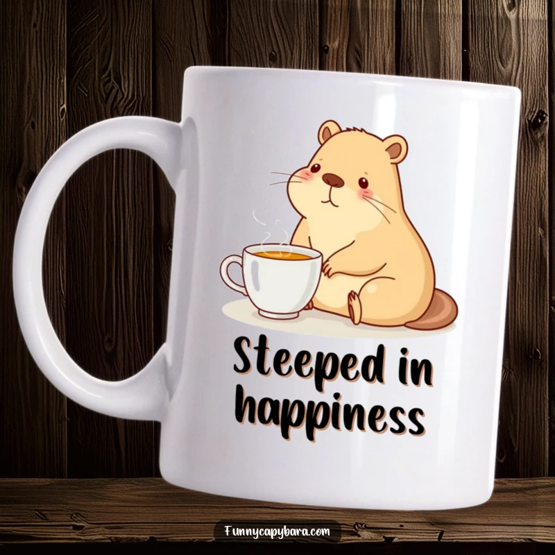 Funny mug showing a capybara sitting contentedly with a steaming cup of tea, radiating warmth and peace.
