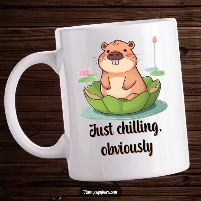 Funny mug showing a capybara with a serene smile, peacefully floating on a giant lily pad in calm water.