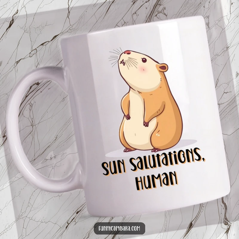 Funny Capybara Sunbeam Stretch Mug: Cute capybara blissfully stretching towards a sunbeam, conveying peace and joy.