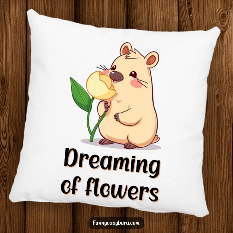 Funny Capybara Pillow: A soft cushion featuring a capybara gently nudging a stylized flower, cute and comforting.