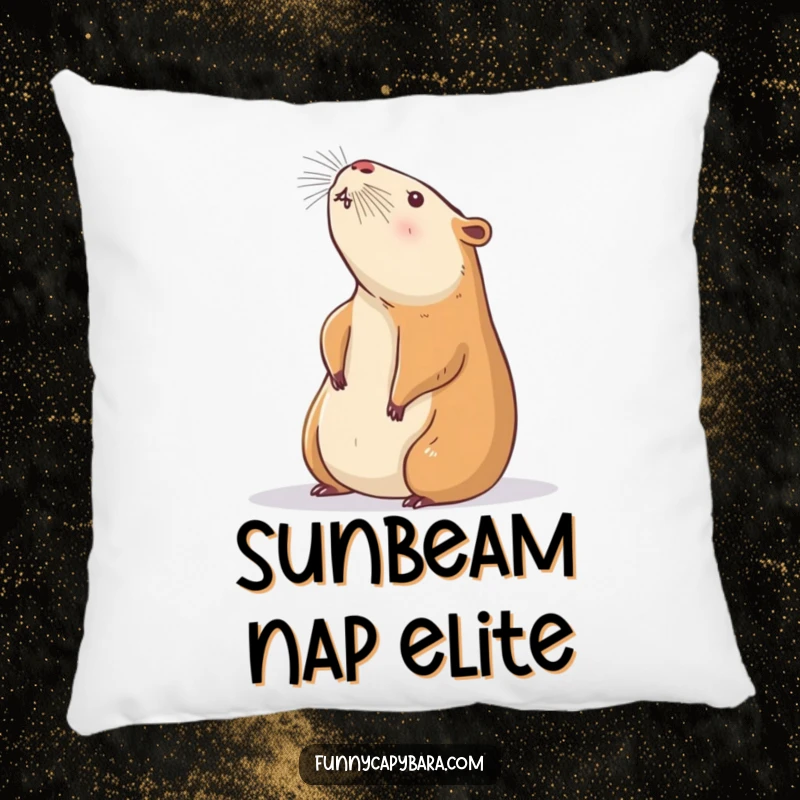 Funny Capybara Pillow: A soft, cozy pillow depicting a capybara stretching lazily towards a warm sunbeam, peaceful and cute.