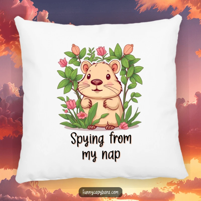 Funny pillow featuring a curious capybara peeking out from behind lush green foliage, soft and inviting.
