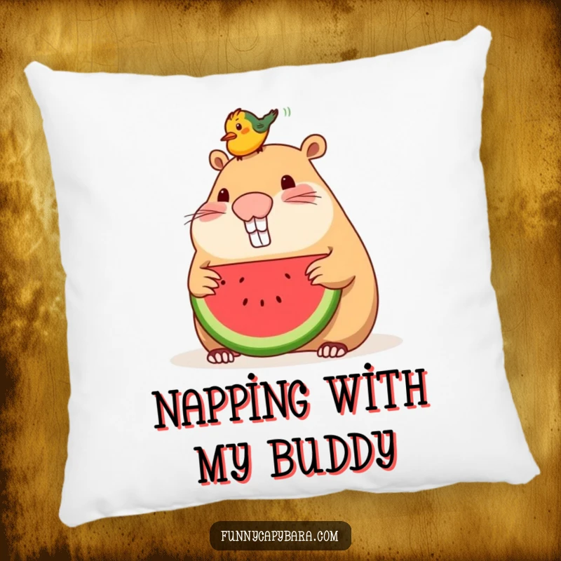 Funny pillow featuring a capybara sharing watermelon with a small bird on its head, symbolizing friendship.