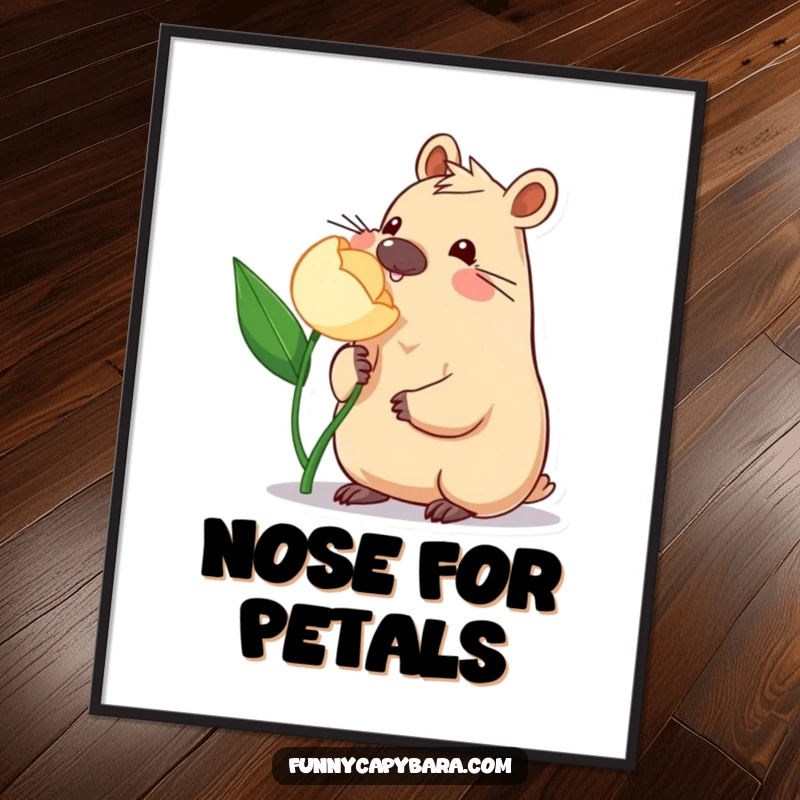 Funny Capybara Digital Art: Printable art of a capybara playfully nudging a stylized flower with its nose, instant download.