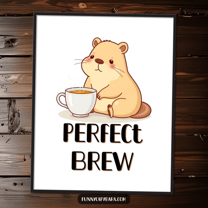 Funny digital art print of a capybara sitting contentedly with a steaming cup of tea.