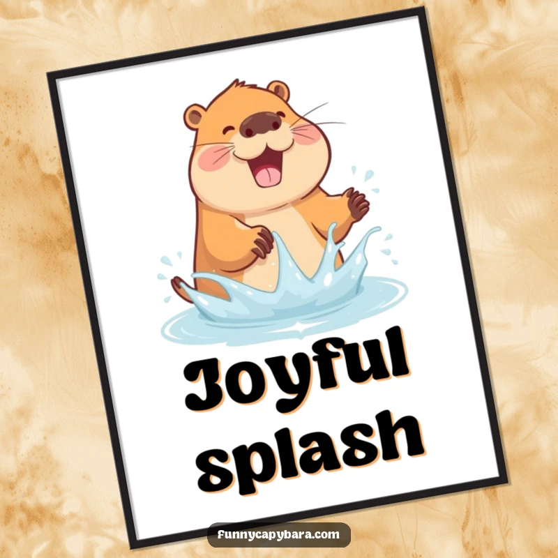 Funny digital art print of a capybara joyfully splashing water with its paws, full of action.