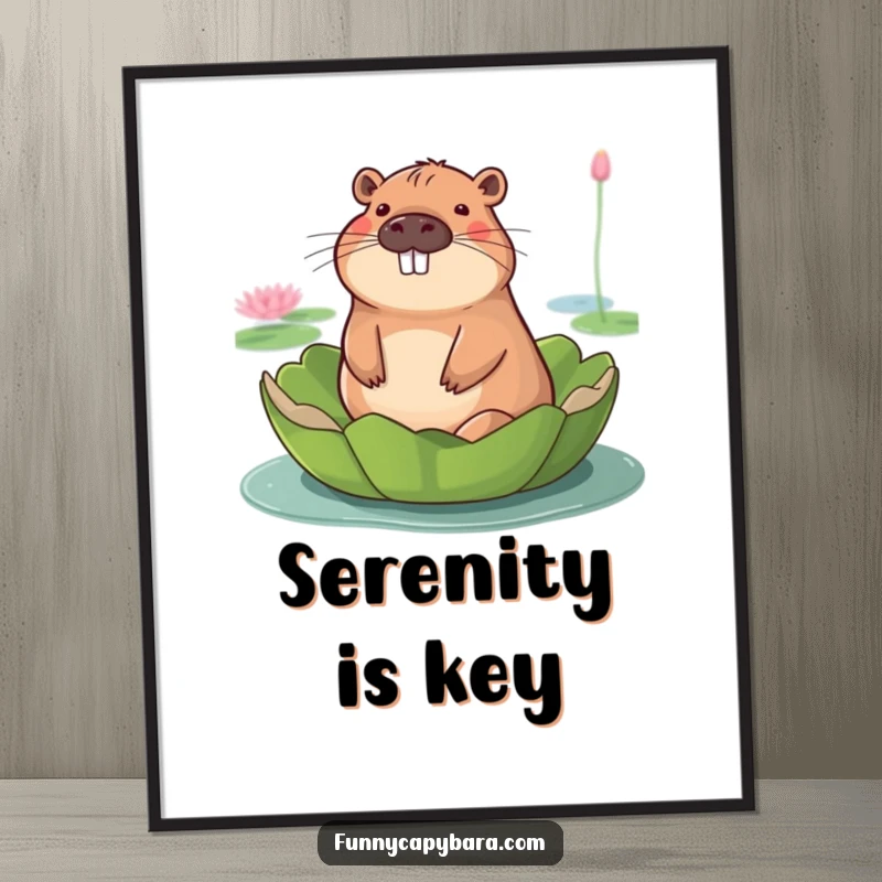 Funny digital art print of a capybara with a serene smile, floating on a giant lily pad.