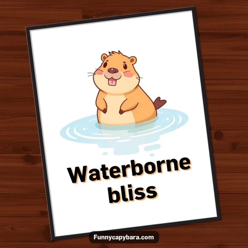 Funny digital art print of a cheerful capybara floating on its back in stylized water, an instantly relaxing decoration.