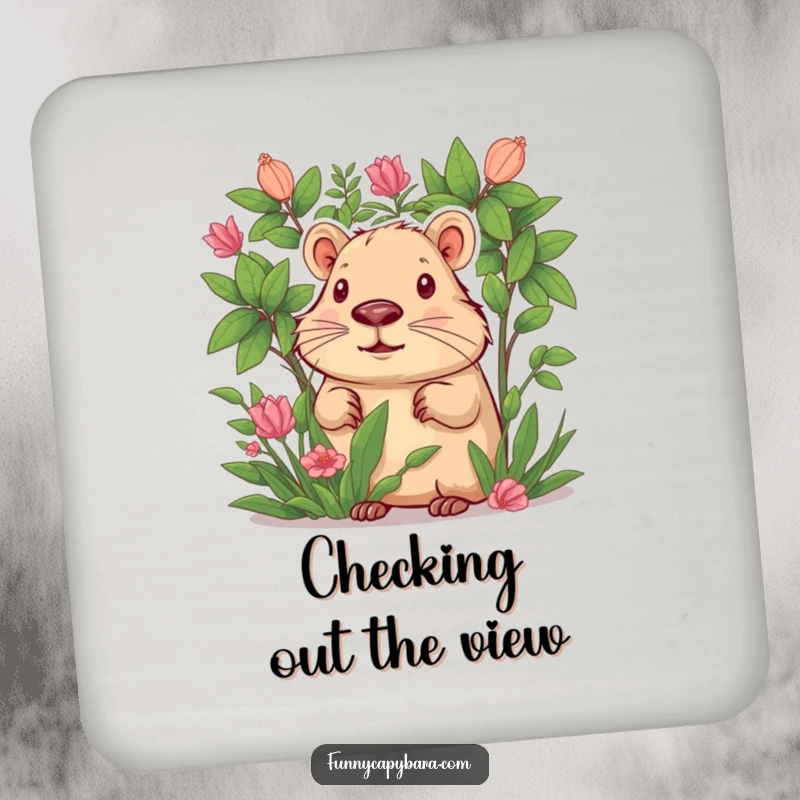 Funny coaster showing a curious capybara peeking out from behind lush green foliage.
