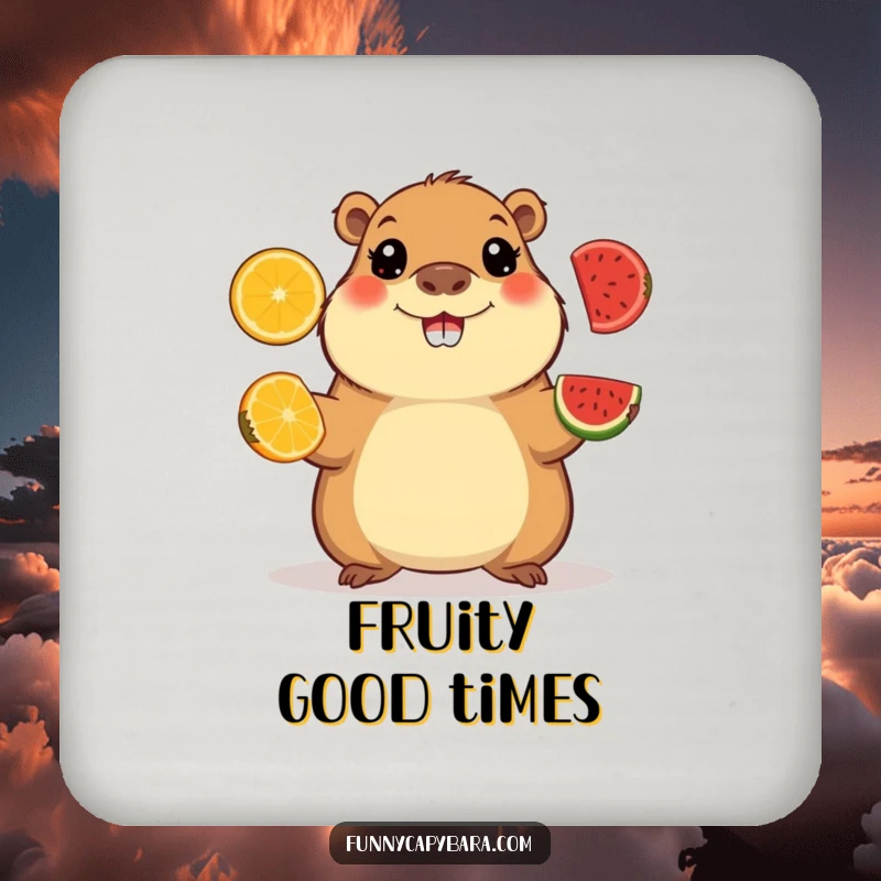 Funny coaster featuring a happy capybara juggling fruit slices, a skillful and protective accent.