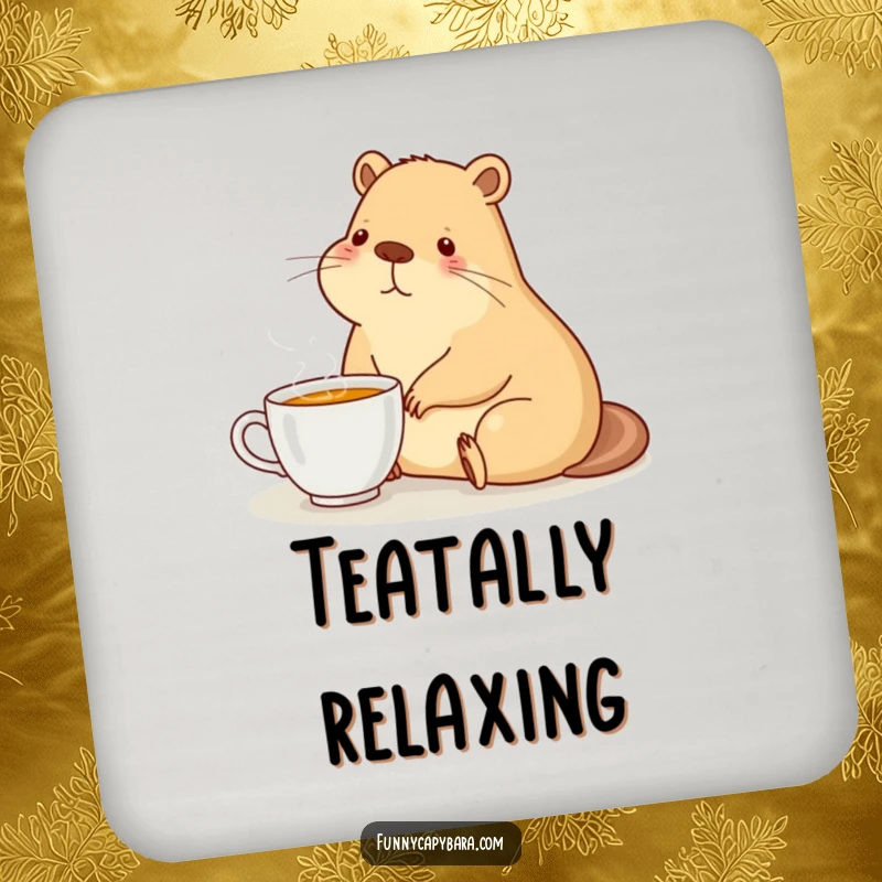Funny coaster showing a capybara sitting contentedly with a steaming cup of tea.