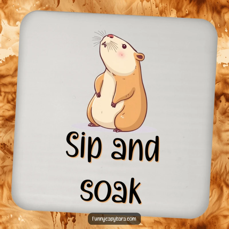 Funny Capybara Zen Coasters: Set of coasters featuring a capybara stretching towards a sunbeam, protecting surfaces with calm humor.
