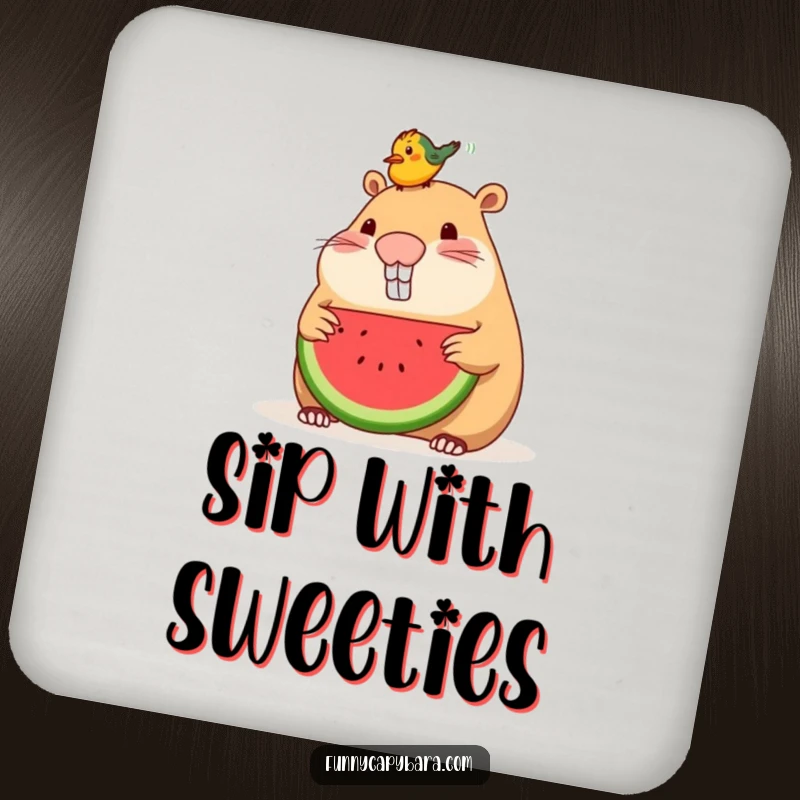 Funny coaster showing a capybara sharing watermelon with a small bird on its head.