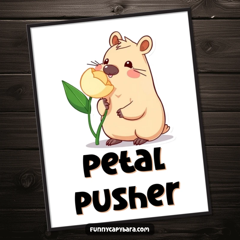 Funny Capybara Flower Poster: Sweet wall art depicting a capybara playfully nudging a stylized flower with its nose.