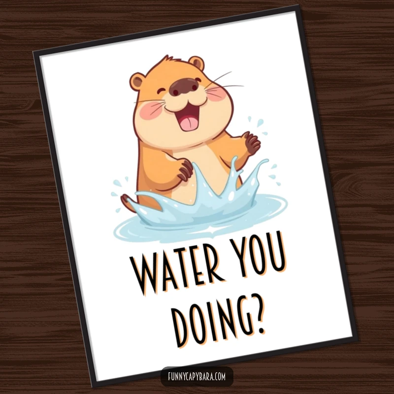 Funny poster art of a capybara joyfully splashing water with its paws, exuding pure playful energy.