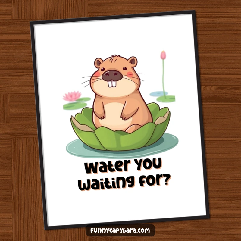 Funny poster art of a capybara with a gentle smile, floating serenely on a giant lily pad.