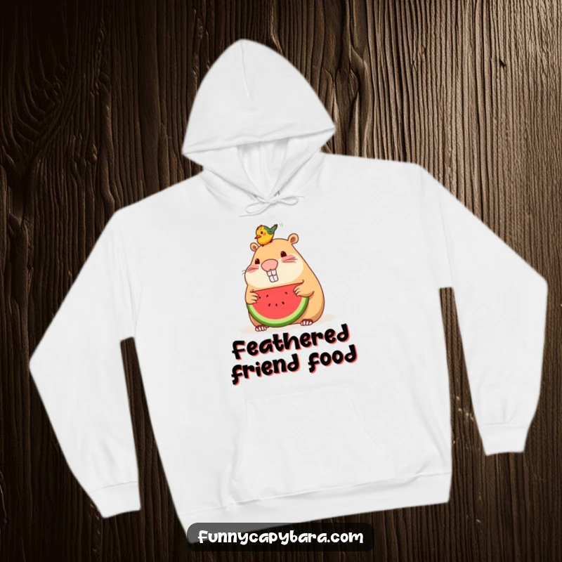 Funny hoodie depicting a capybara sharing a slice of watermelon with a small bird perched on its head.