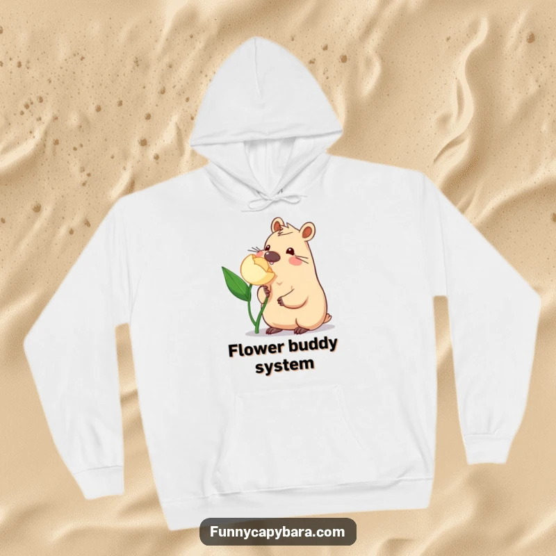 Funny Capybara Hoodie: A warm and cozy hoodie depicting a capybara playfully nudging a flower, sweet and charming.