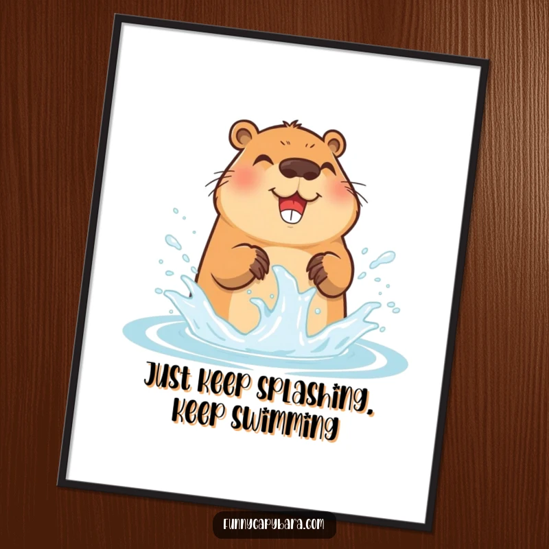 Funny Free Printable Wall Art: Capybara joyfully splashing water with paws, creating tiny arcs, whimsical decor.