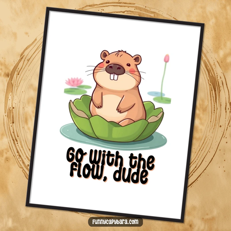 Funny Free Printable Wall Art: A capybara with a serene smile floats peacefully on a giant lily pad.