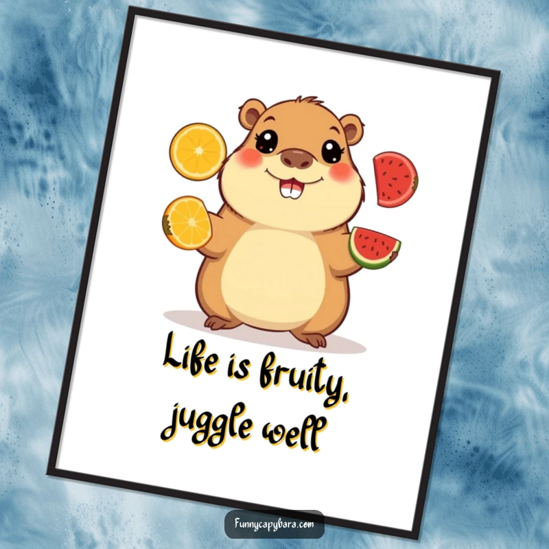 Playful Free Printable Wall Art: Capybara with wide, happy eyes juggling colorful fruit slices, creating a vibrant and fun scene.