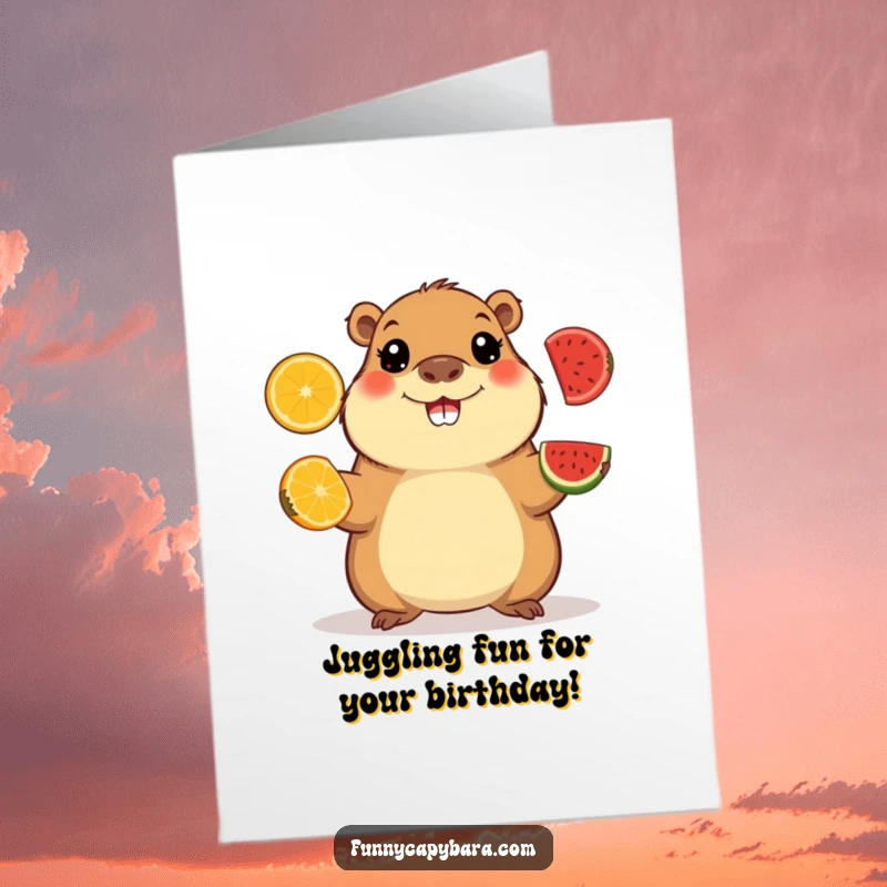 Funny Free Printable Birthday Card: Capybara with wide, happy eyes expertly juggling three colorful fruit slices, full of festive energy.