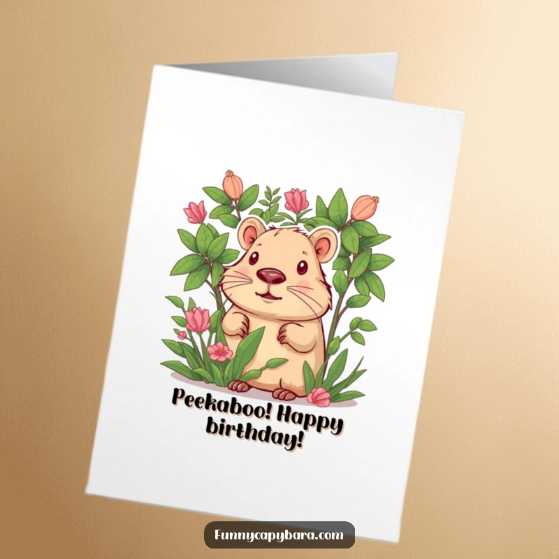 Funny Free Printable Birthday Card: A curious capybara peeks its head from behind dense green foliage, observing with wonder.
