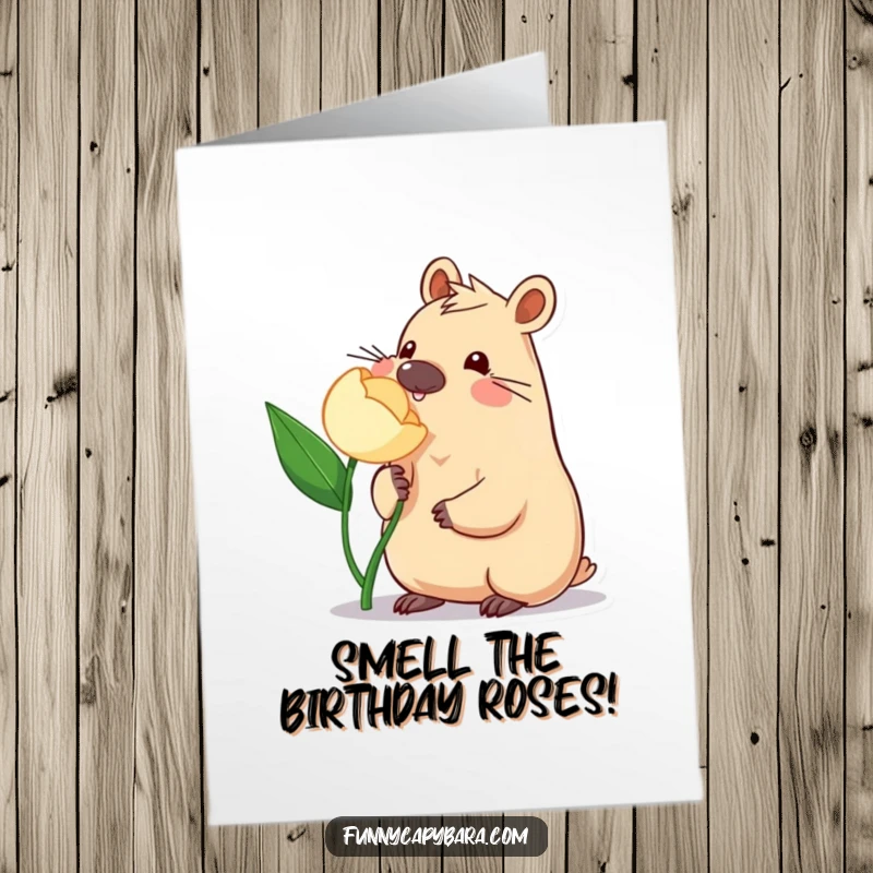 Funny Free Printable Birthday Card: Capybara playfully nudging flower, sweet and humorous, perfect for gifting.