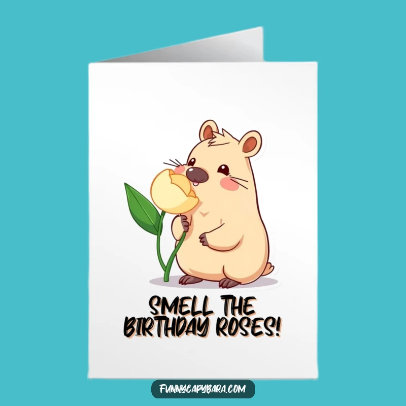 Free Printable Birthday Card: Capybara & Flower - Funny Downloadable Greeting for a Blooming Day!