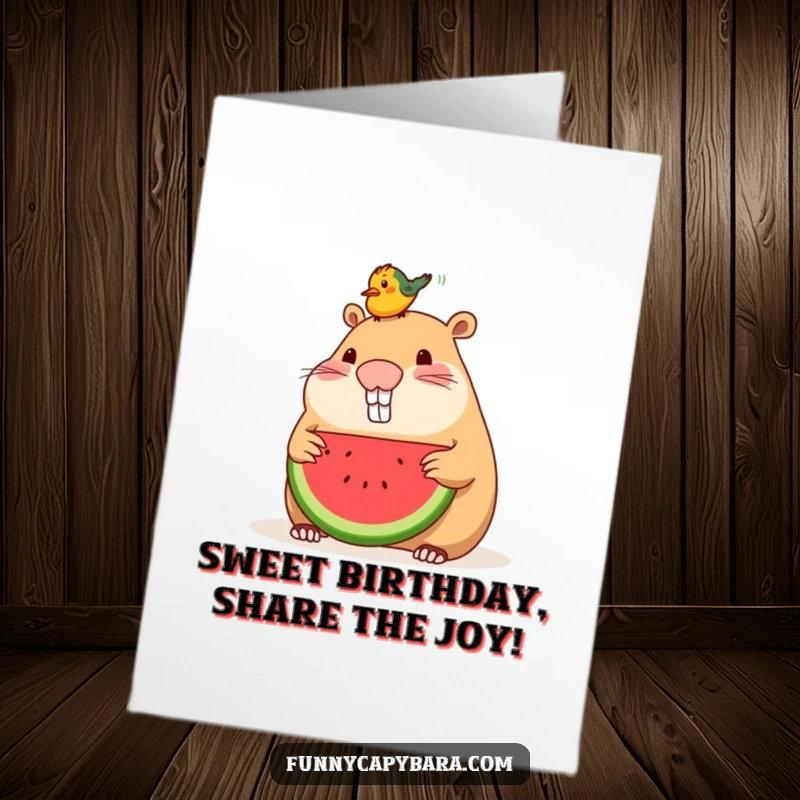 Funny Free Printable Birthday Card: Capybara shares watermelon with a tiny bird perched on its head, a picture of friendship.