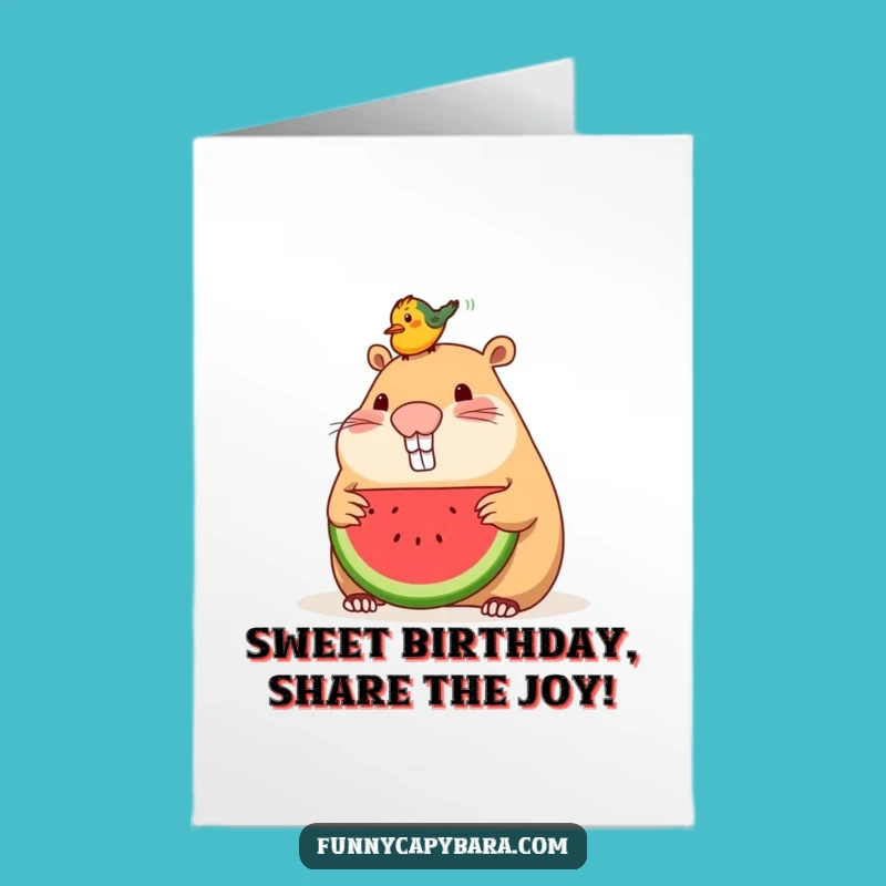 Free Printable Birthday Card: Capybara Watermelon Bird Funny Downloadable Gift