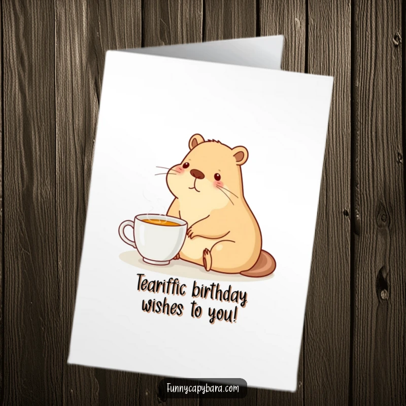 Funny Free Printable Birthday Card: A capybara sits contentedly with a steaming cup of tea, enjoying a peaceful moment.