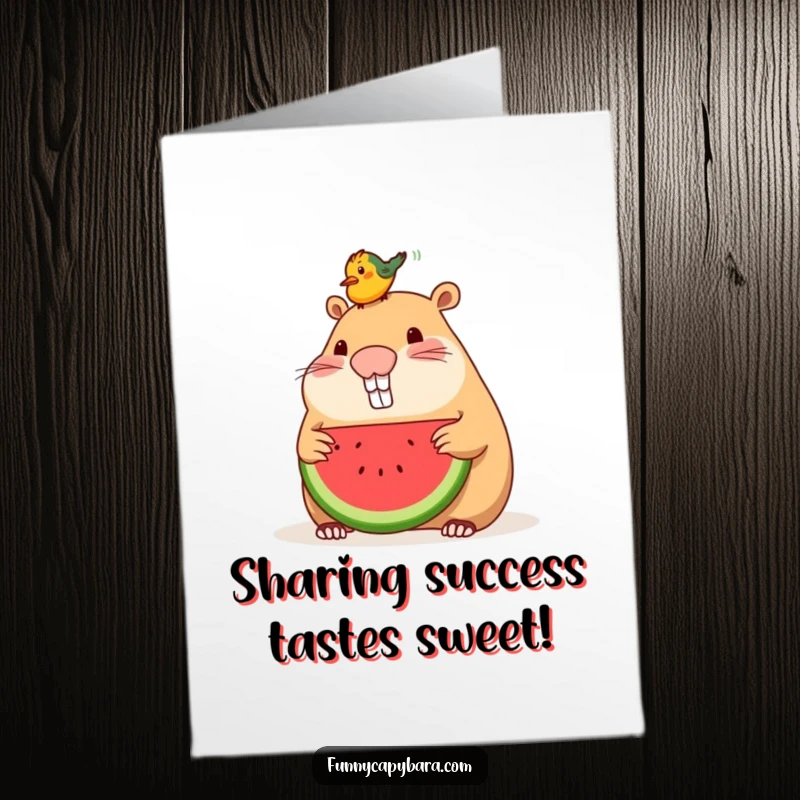 Funny Free Printable Congrats Card: A capybara kindly shares a slice of watermelon with a small bird on its head.