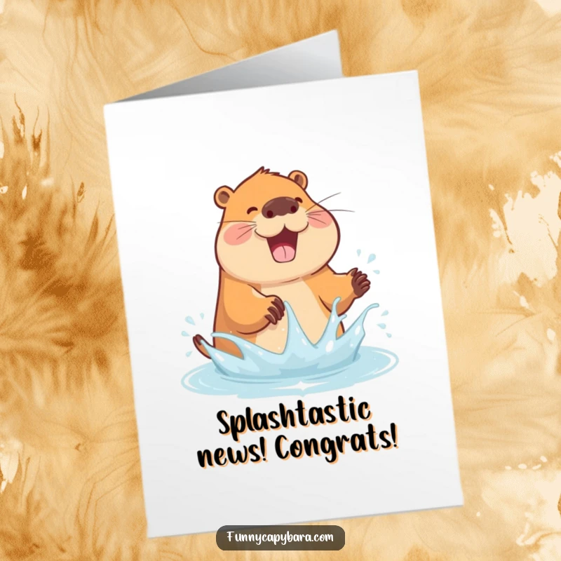 Funny Free Printable Congrats Card: A happy capybara playfully splashes water, celebrating a momentous occasion.