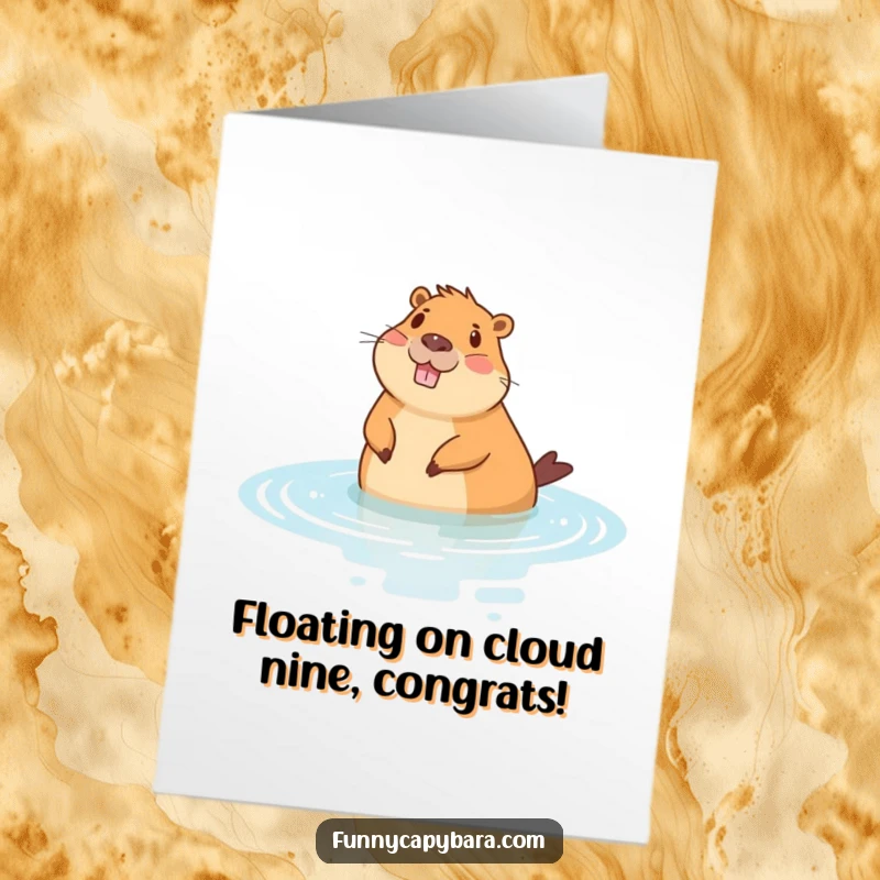Funny Free Printable Congratulations Card: Cheerful capybara floating serenely on its back in stylized water, radiating calm congratulations.